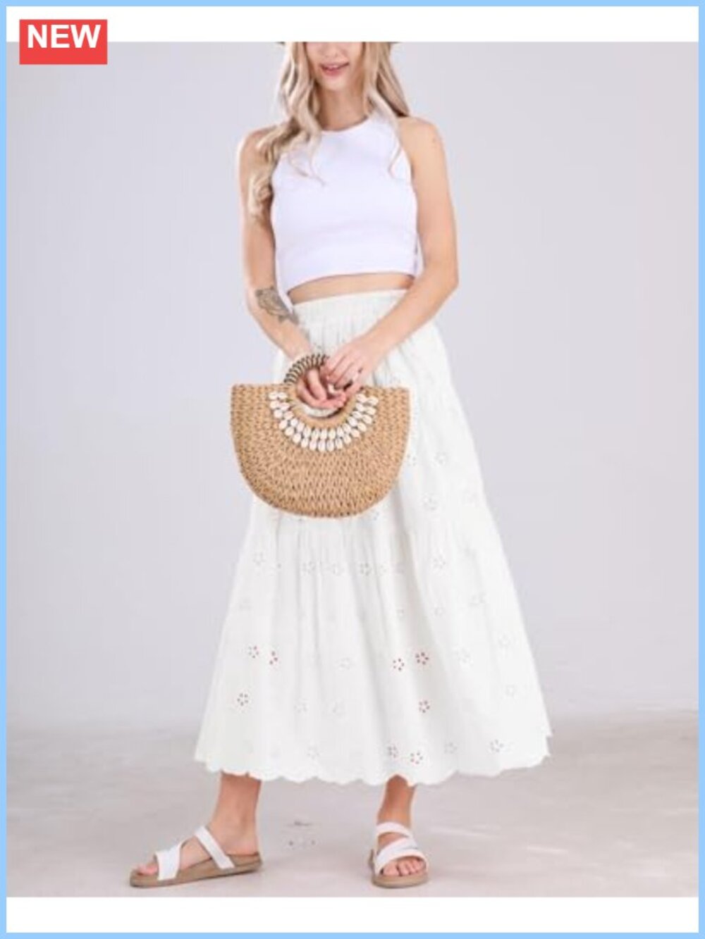 Lace Eyelet Embroidery High Waist Flowy Swing Midi Skirt - Picture 6 of 6